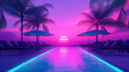 Fototapeta premium Cozy tropical resort moment with glowing horizon, umbrellas and chairs beside a pristine pool lined with coconut palms