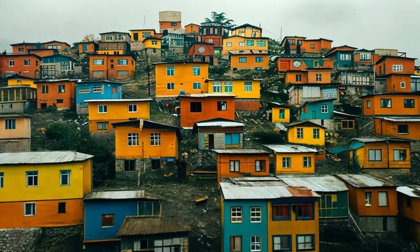 Camera raising above the poor people houses , favela