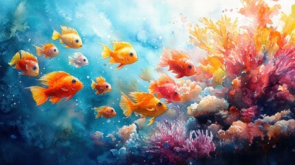 Obraz premium Vibrant coral reef teeming with colorful fish. Watercolor style underwater scene