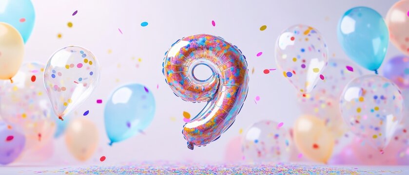 Silver number nine balloon with colorful confetti and pastel balloons for birthday party celebration decoration, festive event or anniversary celebration theme.