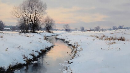 Serene Winter Sunset Landscape: Snow-Covered Field and Creek