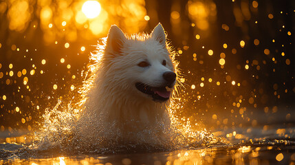 Samoyed shaking off water as rain continues to fall in a lightly flooded grassy area 