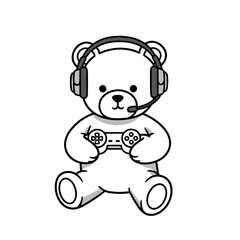 Obraz premium Cartoon bear playing video game with headset and controller 
