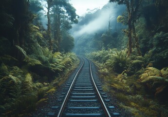 Fototapeta premium Sunlit Rainforest Path Train Tracks Through Lush Greenery
