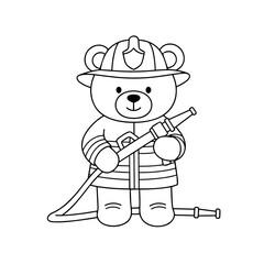 Cartoon bear dressed as firefighter holding a hose  