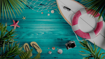 Summer Beach Items on Turquoise Wooden Background in Seamless