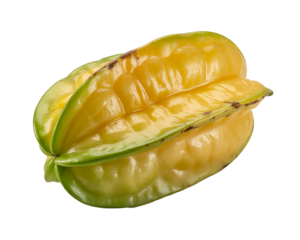 Fresh carambola starfruit against a transparent background showing yellow fruit with green edges