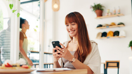 Cafe, woman and smile with smartphone for social media, online communication and comment for reel....