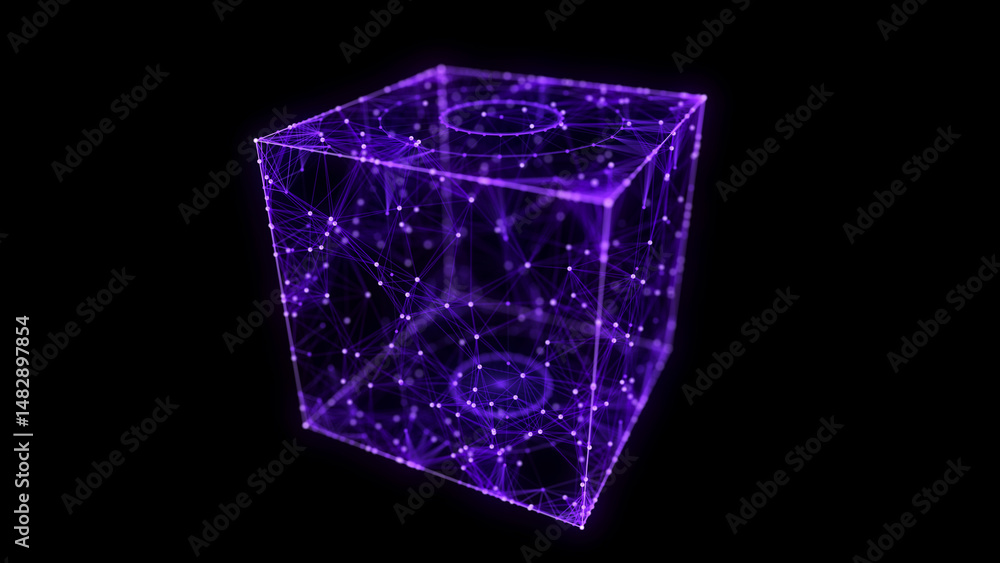 Poster abstract blue cube on black background. wireframe square structure with glowing particles and lines.