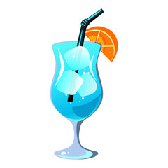 Blue Lagoon cocktail. Summer refreshing drink with ice cubes and orange slice. Vector illustration.