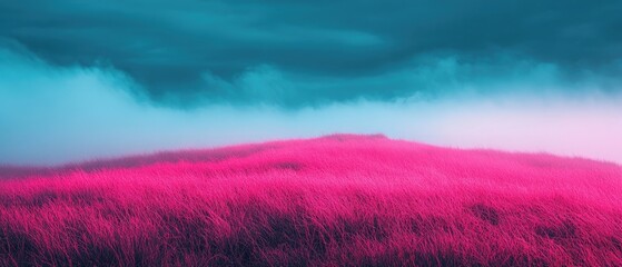 Vivid magenta field under a cloudy, turquoise sky creates surreal, dreamlike atmosphere