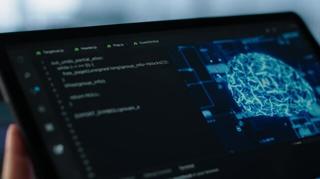 Tablet displays code alongside neural network visualization