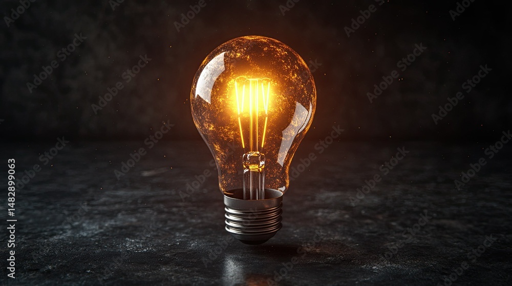 Poster illuminated light bulb emitting a warm glow against a dark and textured background in a studio setti