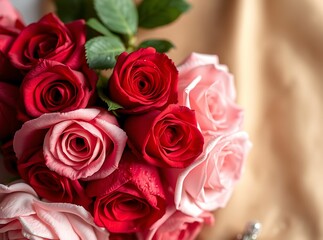 Obraz premium A Bouquet of Roses: A lush bouquet of radiant red and blush pink roses, their velvety petals unfurling in a cascade of beauty, against a soft, textural backdrop. 