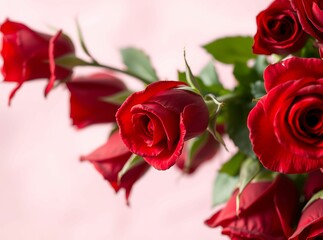 Fototapeta premium Crimson Bloom's Romance: a cluster of exquisite red roses, their velvety petals in full bloom, is arranged gracefully against a soft-hued backdrop. It's a visual celebration of love and beauty.