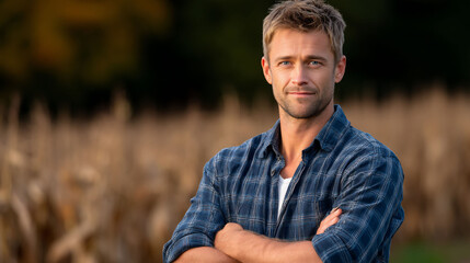 Confident farmer in field arms crossed