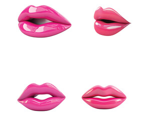 Obraz premium Set of glossy pink lips in different positions and shapes isolated on white background for fashion and beauty concepts