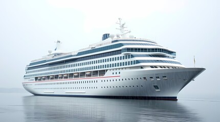 A large white cruise ship with blue accents sails on calm water against a misty background