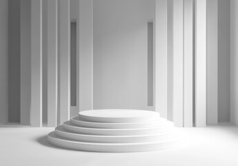 Obraz premium Minimalist White Studio with Circular Pedestal and Vertical Panels