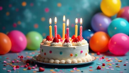 A vibrant birthday cake with candles ablaze, surrounded by colorful balloons and confetti , sprinkles, birthday, birthday party