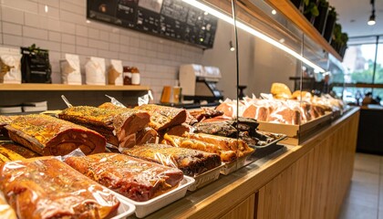 Obraz premium Modern Close-Up of a Well-Lit Bakery Display Case with Freshly Baked Goods