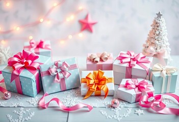 Pastel tabletop with wrapped gifts, bows, snowflakes, and festive tree decor,  style,  luxurious