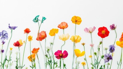 Fototapeta premium 3D spring flowers on white background. Wild flowers, spring grass seamless pattern 3d realistic. Minimal scene for model products, stage showcase.