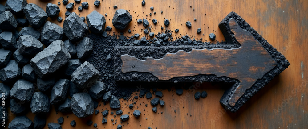 Poster photo realistic coal concept: horizontal arrow symbolizing stable commodity value on whimsical backg