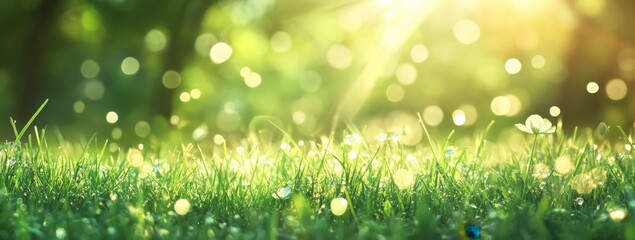 Obraz premium Bright Sunlight Over Dewy Grass with Bokeh Effect in Nature Scene