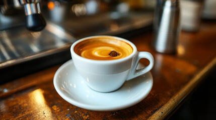 A fresh espresso in a cafe with a scenic view of Mount Vesuvius in Naples, Southern Italy