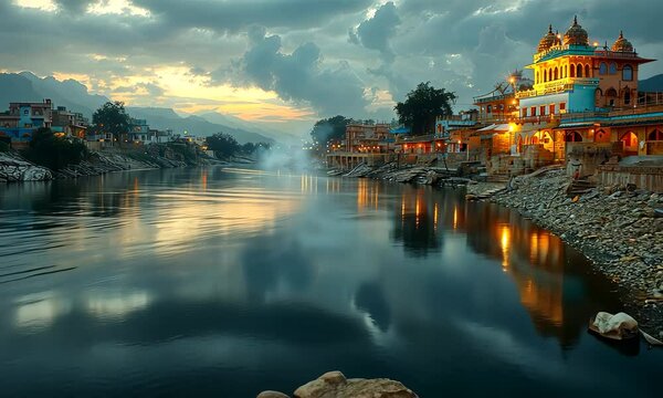 Town on the Ganges  river at sunset, India 
