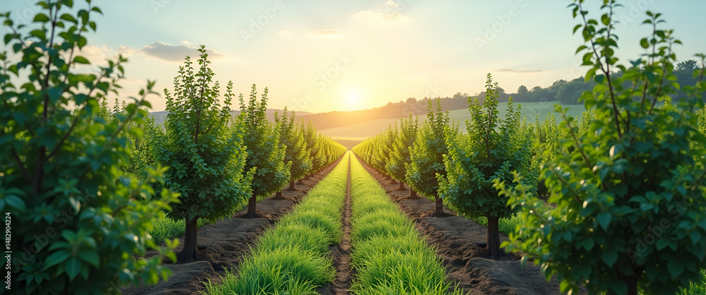Aufkleber photo realistic top view of an orchard with ai technology overlay, symbolizing ai-driven farming in 
