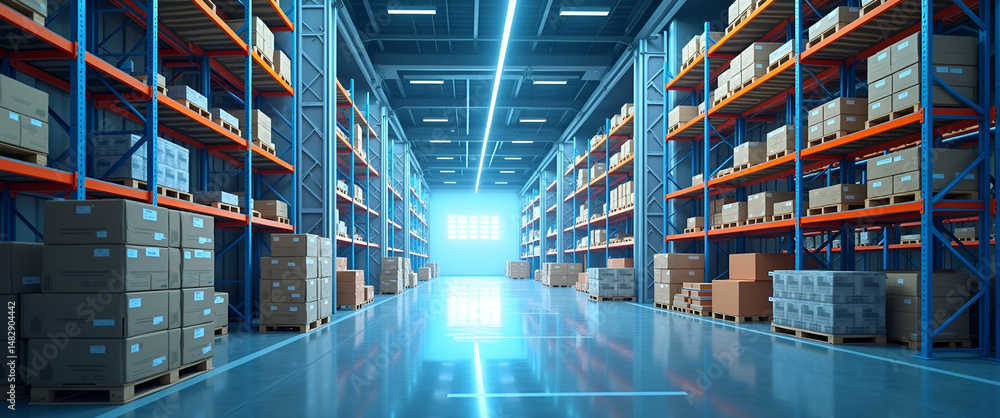 Poster wallpaper artwork featuring robotic warehouse management that integrates expansive empty space with 