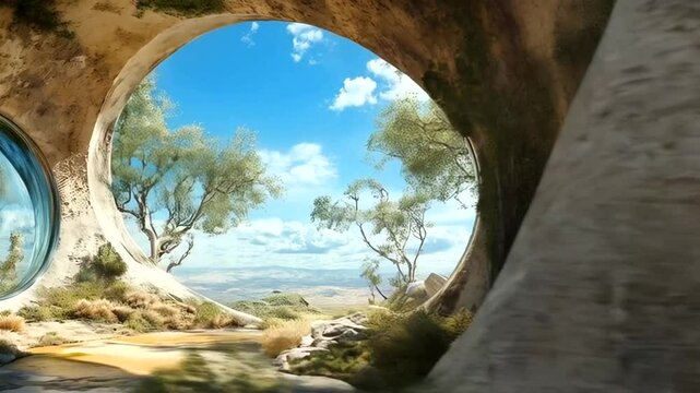 Stone archways reveal a scenic vista.