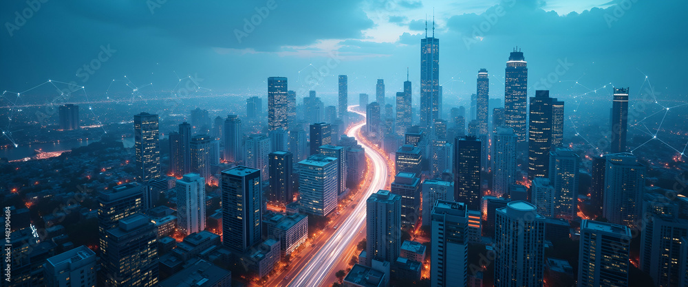 Poster photo realistic as top view of a city with smart grid overlay symbolizing intelligent infrastructure