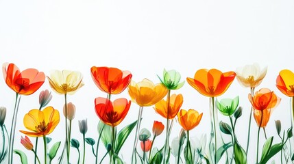 Fototapeta premium 3D spring flowers on white background. Wild flowers, spring grass seamless pattern 3d realistic. Minimal scene for model products, stage showcase.