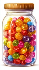 Colorful candy jar filled with assorted shiny sweets in a clear container on a neutral background