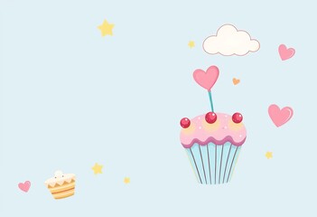 Pastel blue background with illustrated cake, cupcake, star, heart & cloud Ideal for birthday, cafe, or sweet treat designs,  backdrop,  blue