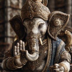 Lord ganesha statue temple decorative art spiritual atmosphere close-up symbol of wisdom and prosperity