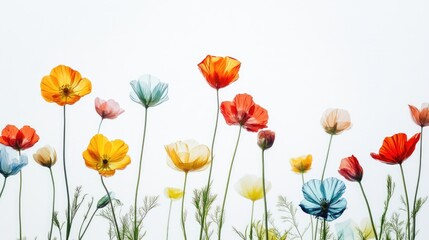 Obraz premium 3D spring flowers on white background. Wild flowers, spring grass seamless pattern 3d realistic. Minimal scene for model products, stage showcase.