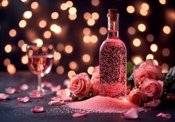 Romantic Pink Drink with Roses and Sparkling Sugar Against Bokeh