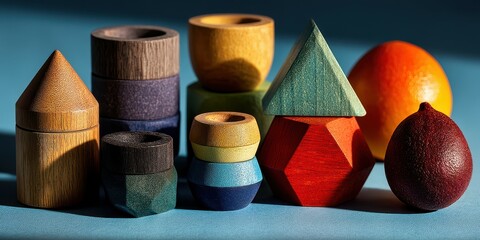 Colorful wooden shapes and fruits arranged on a blue surface during late afternoon light