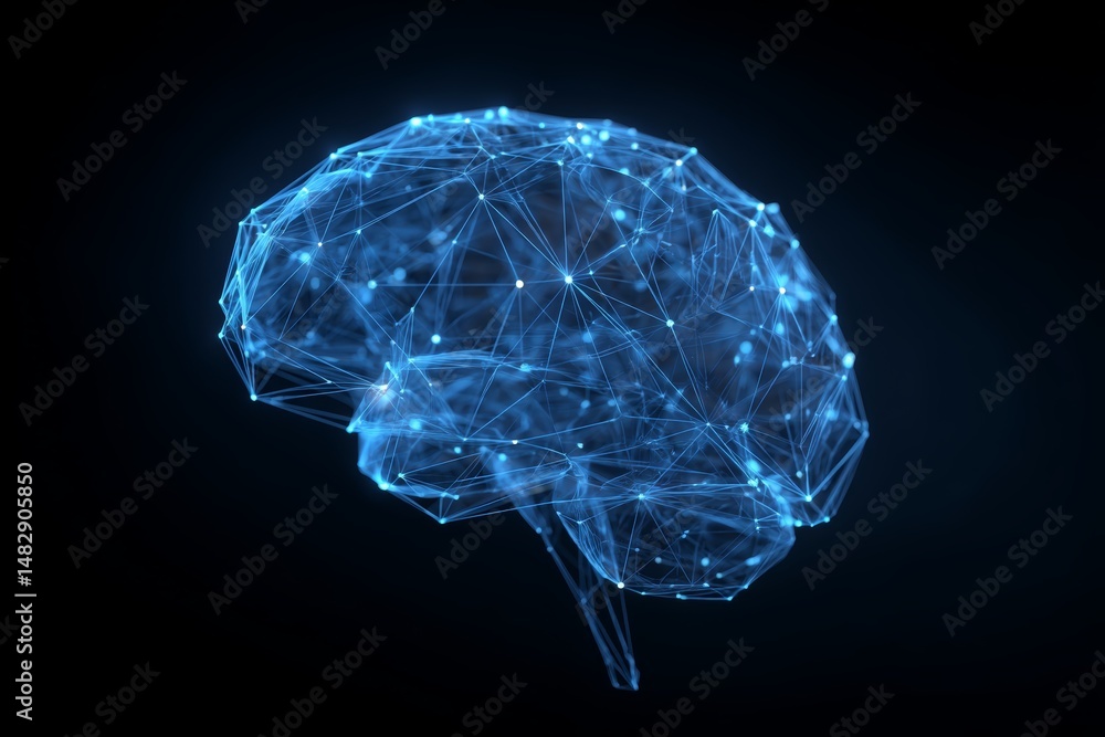 Poster glowing neural network brain symbol made of connected blue light nodes on dark background representi