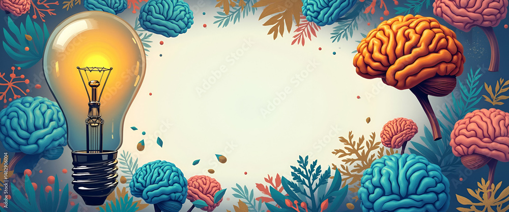 Poster lightbulb and abstract brain border frame: creative ideas for world philosophy day with copy space f