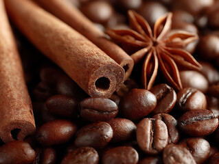 bright and clear close-up food photograph featuring roasted coffee beans alongside cinnamon sticks and star anise, hinting at spiced coffee drinks,