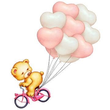 teddy bear on bike with heart balloons