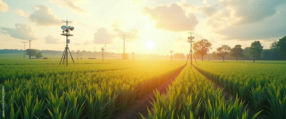Aufkleber photo realistic top view of a field with automated weather stations - symbolizing smart climate moni