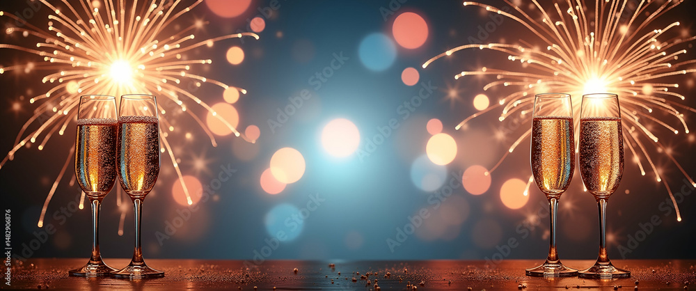 Poster festive new year border frame: celebrate with fireworks and champagne - perfect for custom messages 