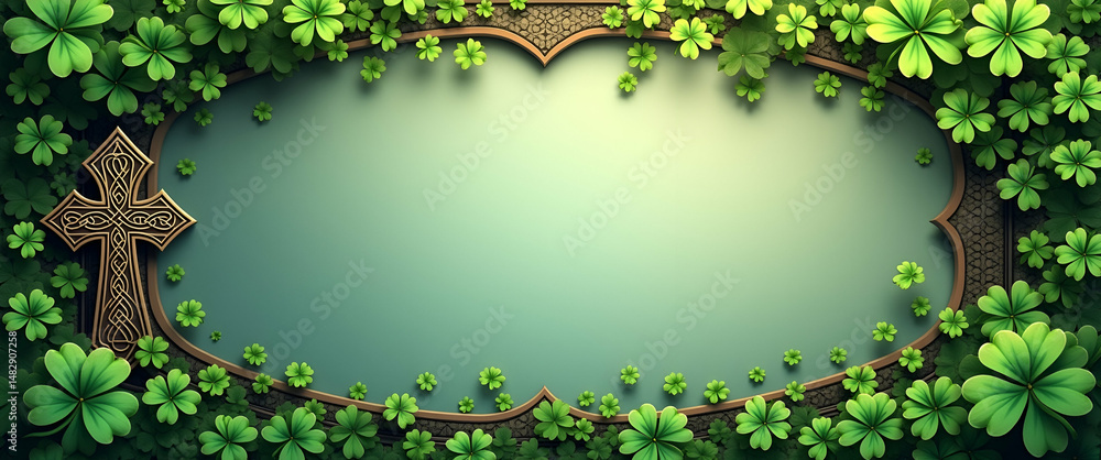 Poster celtic cross and shamrocks border frame: traditional celtic crosses and vibrant shamrocks creating s