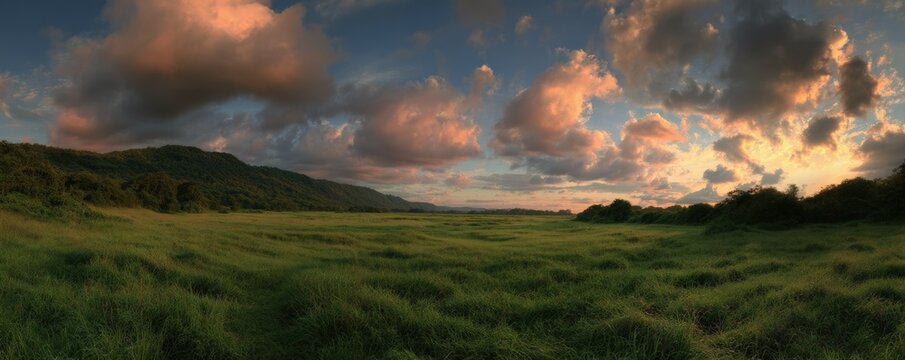 A lush green field stretches under a dramatic sunset sky with scattered clouds and distant hills. - Powered by Adobe